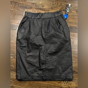 Vintage 80s CHAUS Black Leather High Waist Pencil Midi Skirt NWT Pleats L/XL
